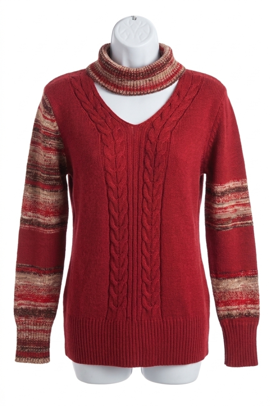 NEW FRENCH KYSS katherine braided open neck sweater in red multi